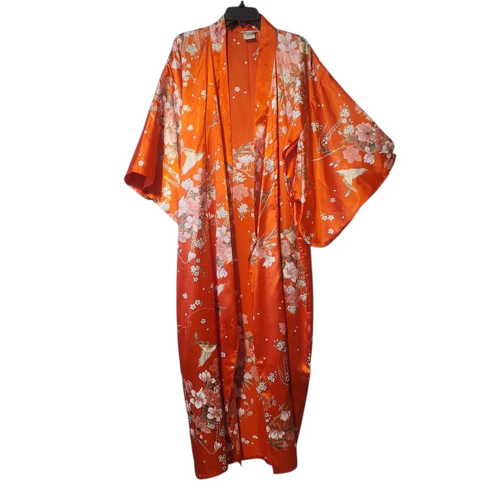 Vintage Made in Japan Orange Satin Floral Bird Kimono Robe Long One Size